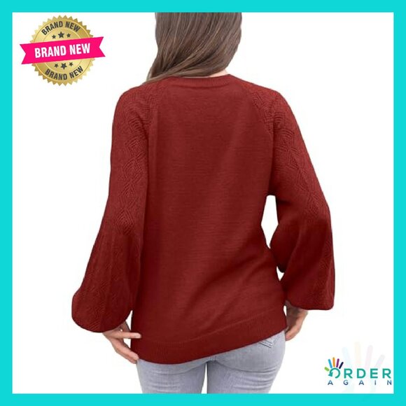 Chunky Knit V-Neck Pullover Sweater Oversized Slouchy Casual Lantern Sleeve - Picture 4 of 8